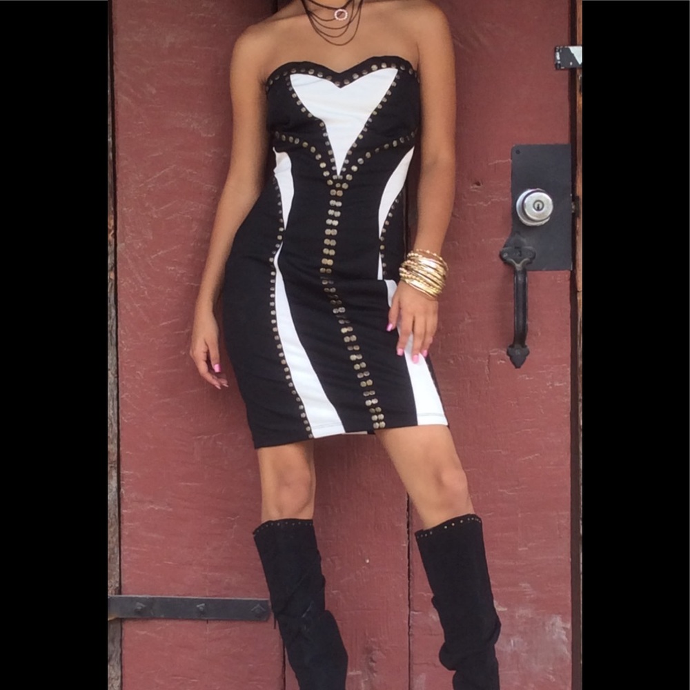 Black & White Bustier Dress w/Gold Studs